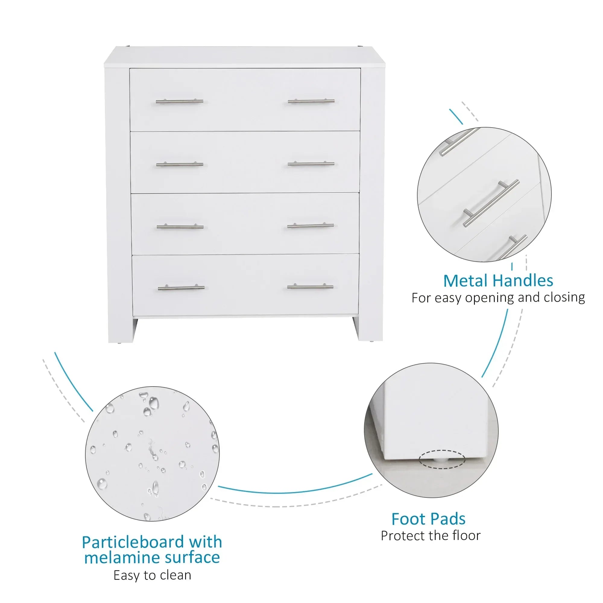 Chest Of 4 Drawers Storage Cabinet Bedroom Clothes w/Metal Handles Base Freestanding Unit Furnishing Living Room White - Bobobiy