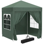 Green pop-up gazebo tent with sidewalls and white window panels, includes carry bag