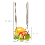 Green, yellow, and red kids swing seat with two suspension ropes and open base