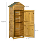 Wood storage shed cabinet with two doors and roof, with size measurements