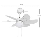 Flush-mount ceiling fan with white blades; 76 cm span, 41.5 cm height, frosted LED