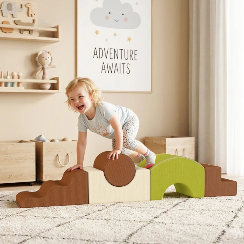 Toddler climbing foam blocks set in brown and green arch with round top piece