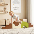 Toddler climbing foam blocks set in brown and green arch with round top piece