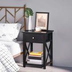 Black nightstand end table with drawer and lower shelf, X-frame sides