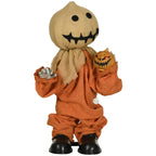 Halloween scarecrow decoration doll with smiling jack-o-lantern head and orange outfit