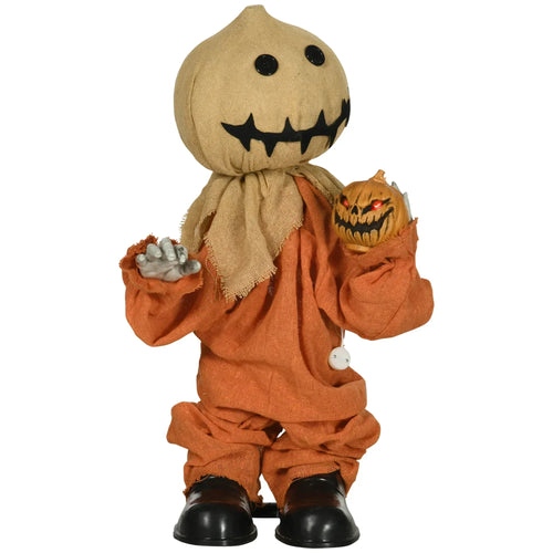 Halloween scarecrow decoration doll with smiling jack-o-lantern head and orange outfit