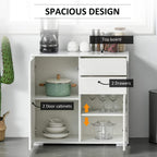 White sideboard cabinet open view showing two door compartments and two drawers