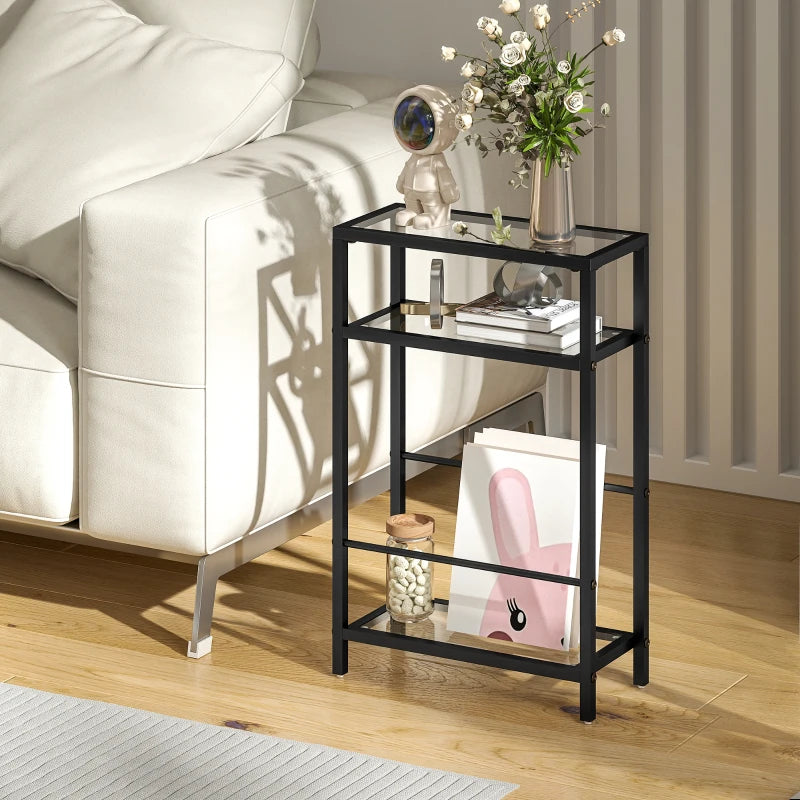 Black 3-tier narrow end table with tempered glass top and open shelves for decor.
