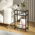 Black 3-tier narrow end table with tempered glass top and open shelves for decor.