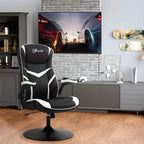 Black and white ergonomic gaming chair with padded back, flip armrests, and round pedestal base