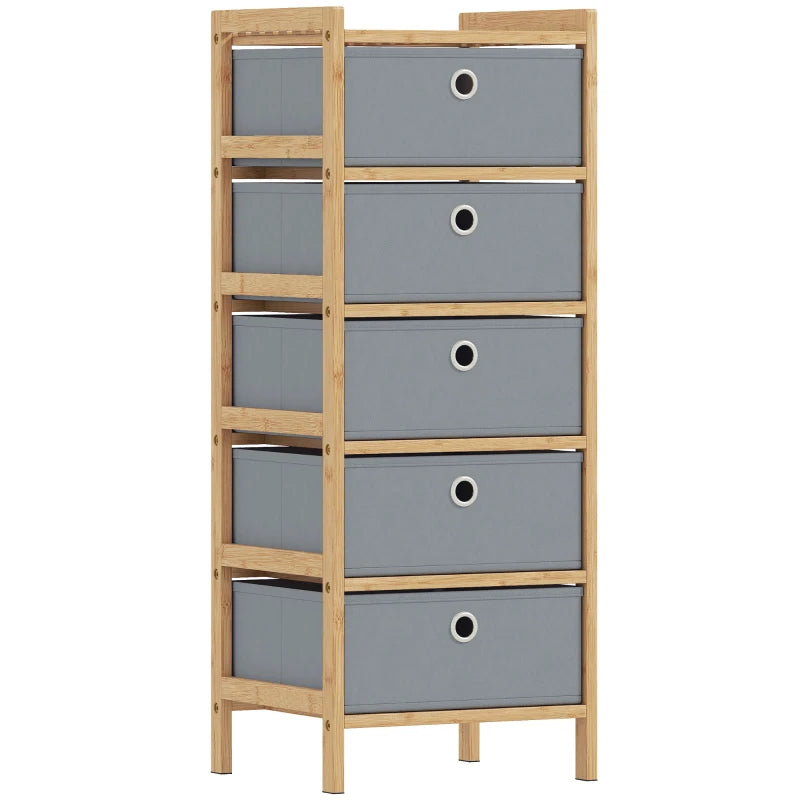 Narrow chest of drawers with five light grey fabric drawers and bamboo frame