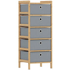 Narrow chest of drawers with five light grey fabric drawers and bamboo frame