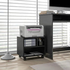 Black printer cabinet on wheels with printer shelf and storage compartments