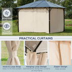 Gazebo with beige curtain panels and brown roof, steel posts, and side privacy coverage