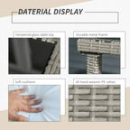 Grey wicker furniture detail collage: woven frame, soft cushions, and tempered glass tabletop