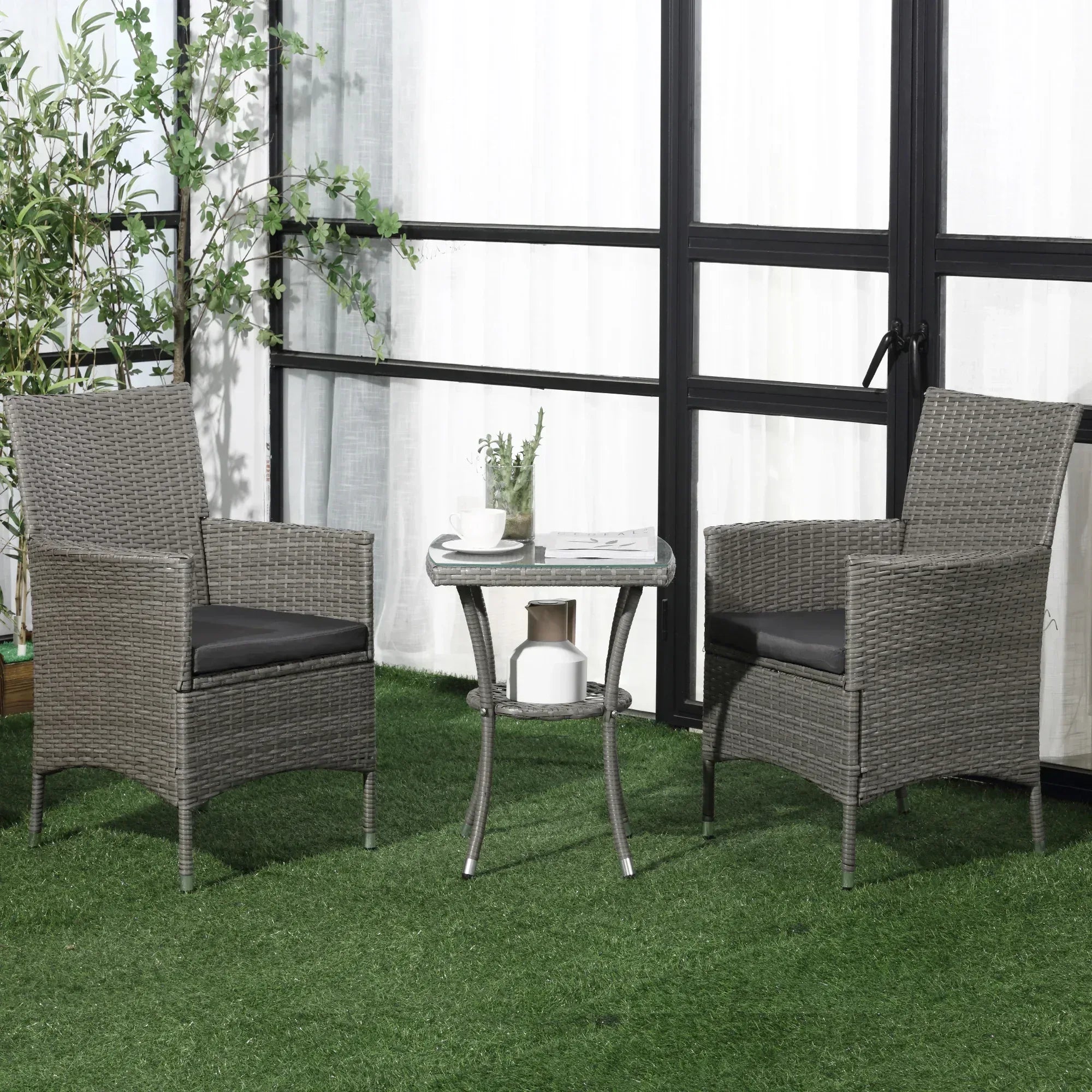 3 Pieces Rattan Bistro Set, Wicker Garden Furniture Set with 2-Tier Coffee Table and Chairs, Washable Cushions, for Outdoor Patio Balcony, Grey - Bobobiy