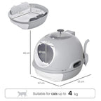 Grey enclosed cat litter box with front entry and top exit, shown with size dimensions