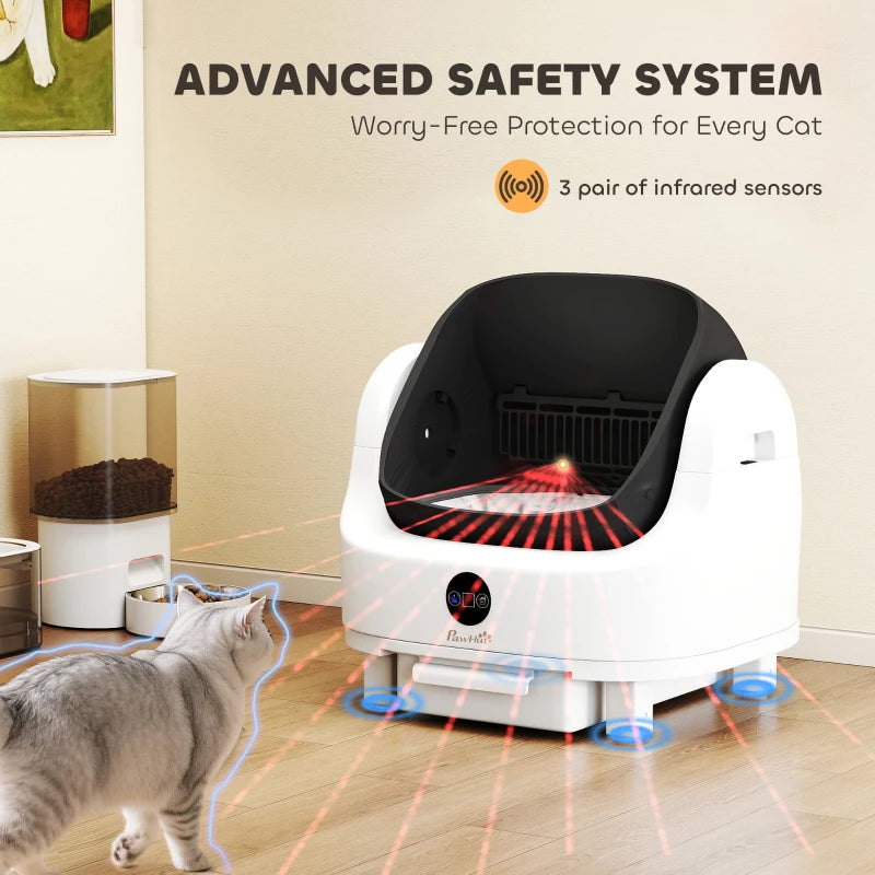 White automatic self-cleaning cat litter tray with infrared safety sensors and LED glow.