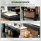 Outdoor gas grill with side prep table, storage rack, spice rack, and hanging hooks