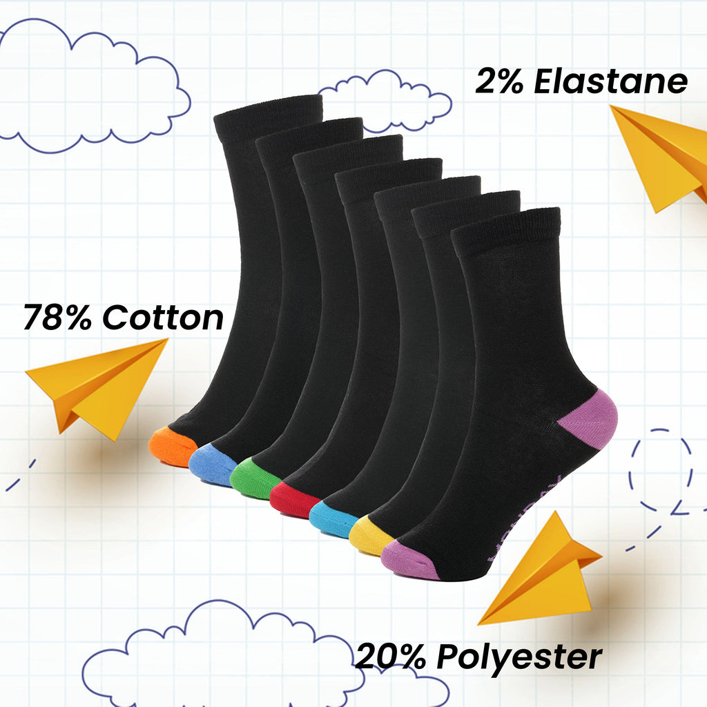 7 Pack Days Of The Week Cotton Rich Boys Girls Kids Men's Women's Socks Black with Multi Colour Heel and Toe Design By Sock Stack