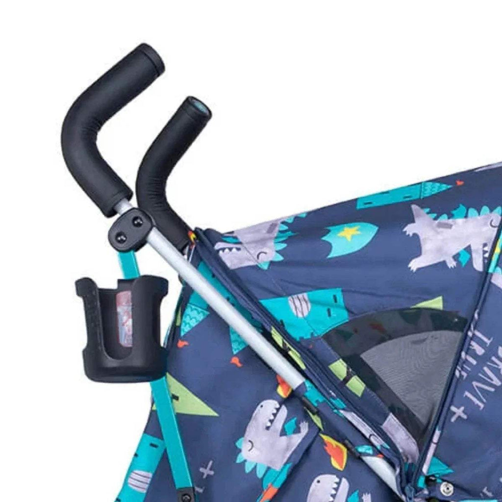 Dragon-themed stroller close-up of handle and seat fabric with front canopy