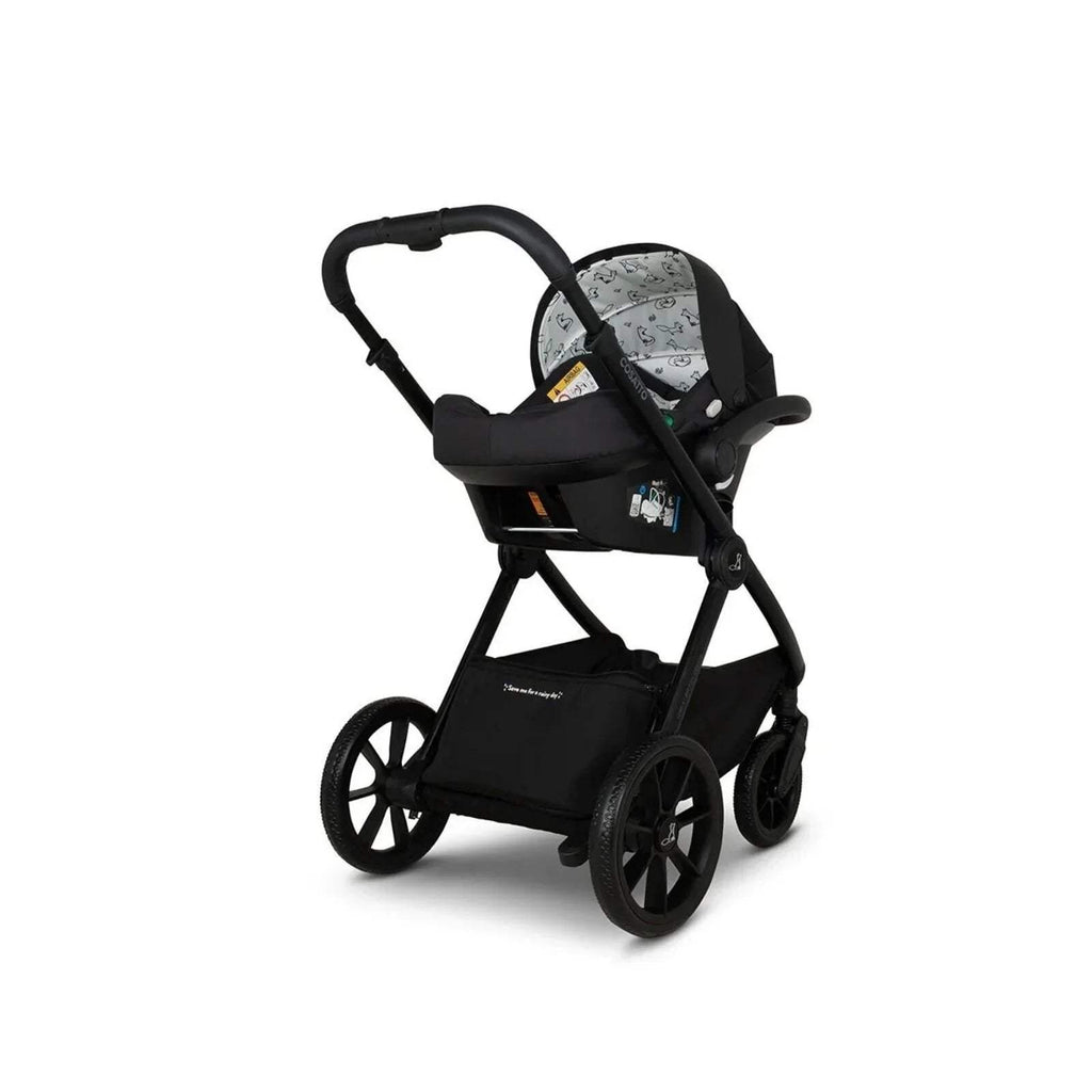 Black infant car seat on stroller with padded cover and hood