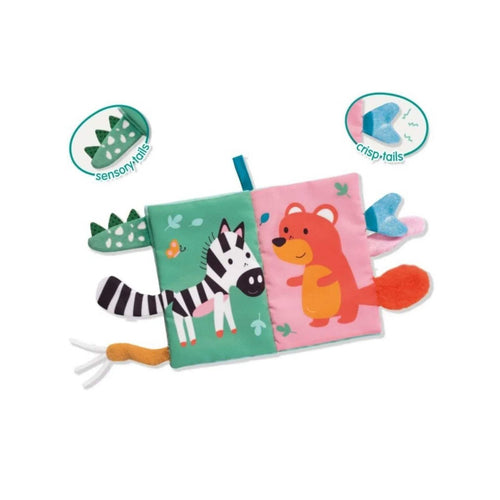 Sensory animal tails cloth book with green and pink panels, animal tails, and sensory tags