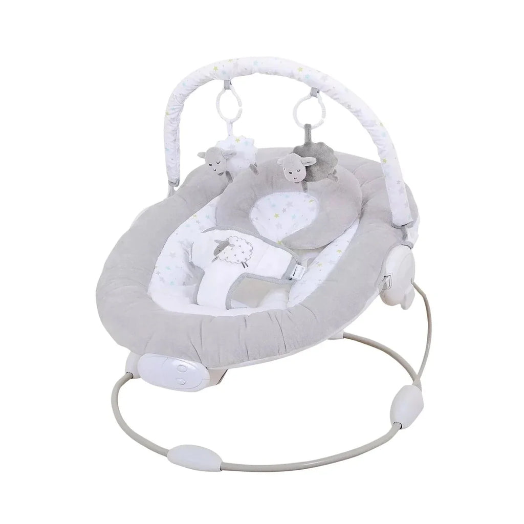Grey baby bouncer with plush seat, hanging sheep toys, and rocking base