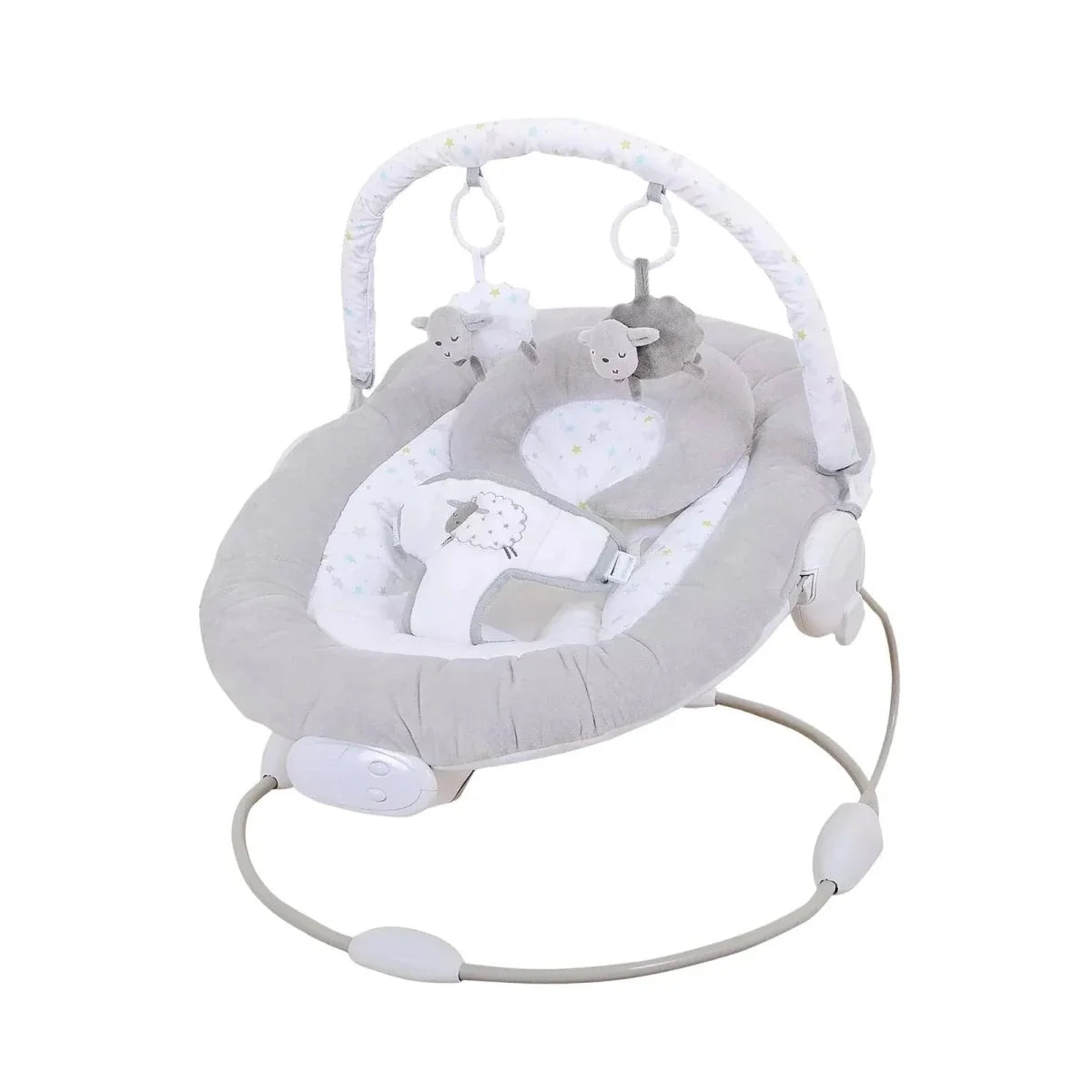 Grey baby bouncer with plush seat, hanging sheep toys, and rocking base