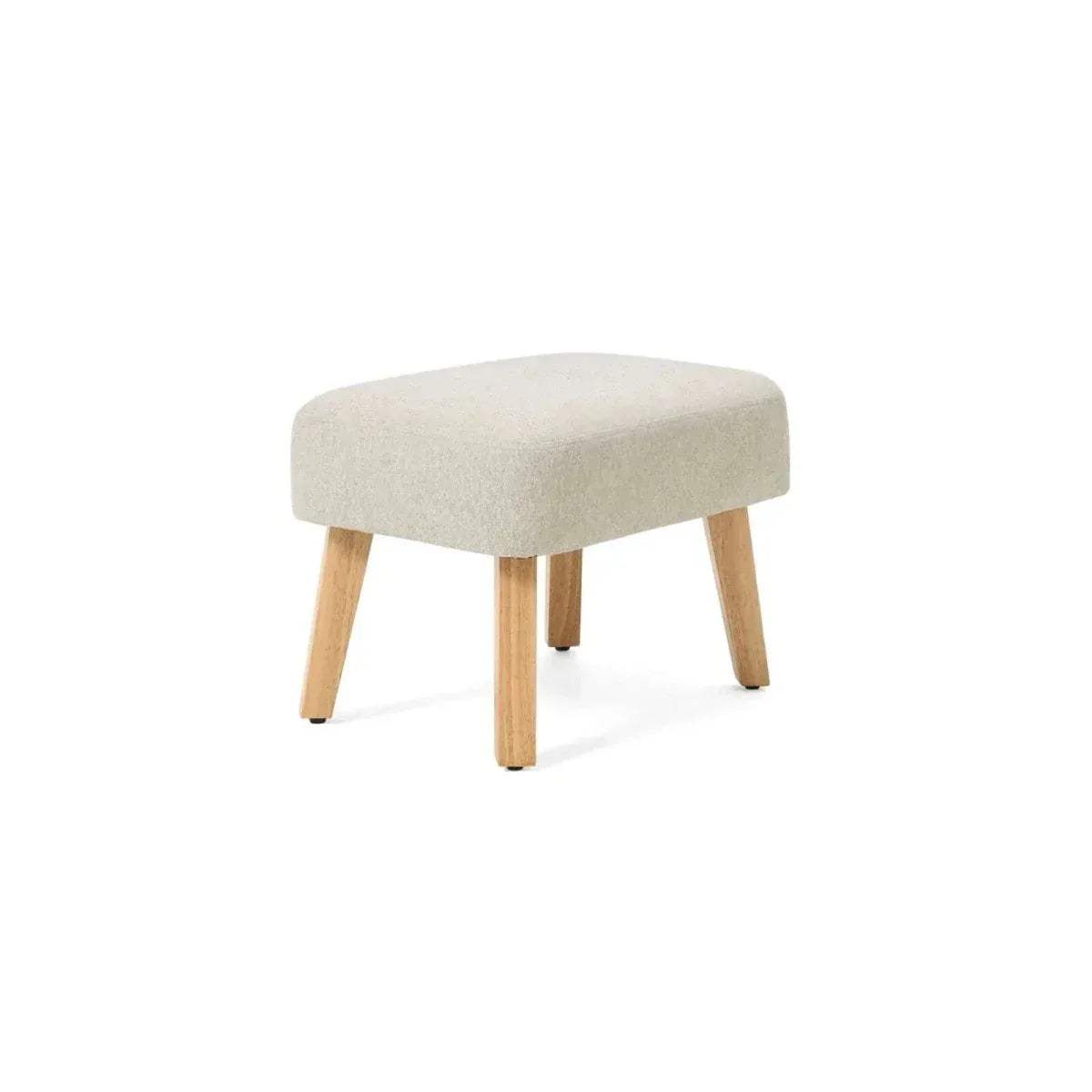 Beige upholstered foot stool with square legs in light wood
