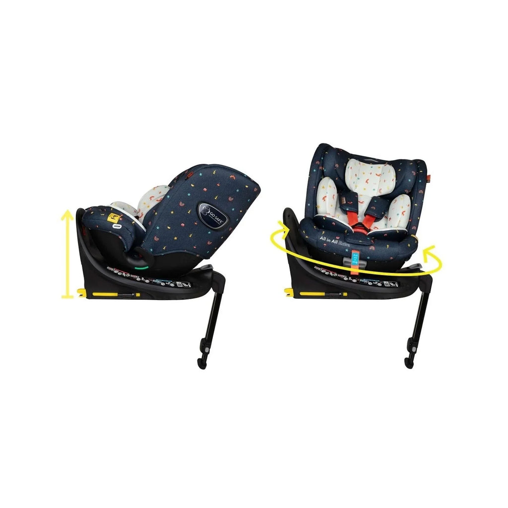Navy patterned baby car seat with padded inserts and 5-point harness, on rotating base