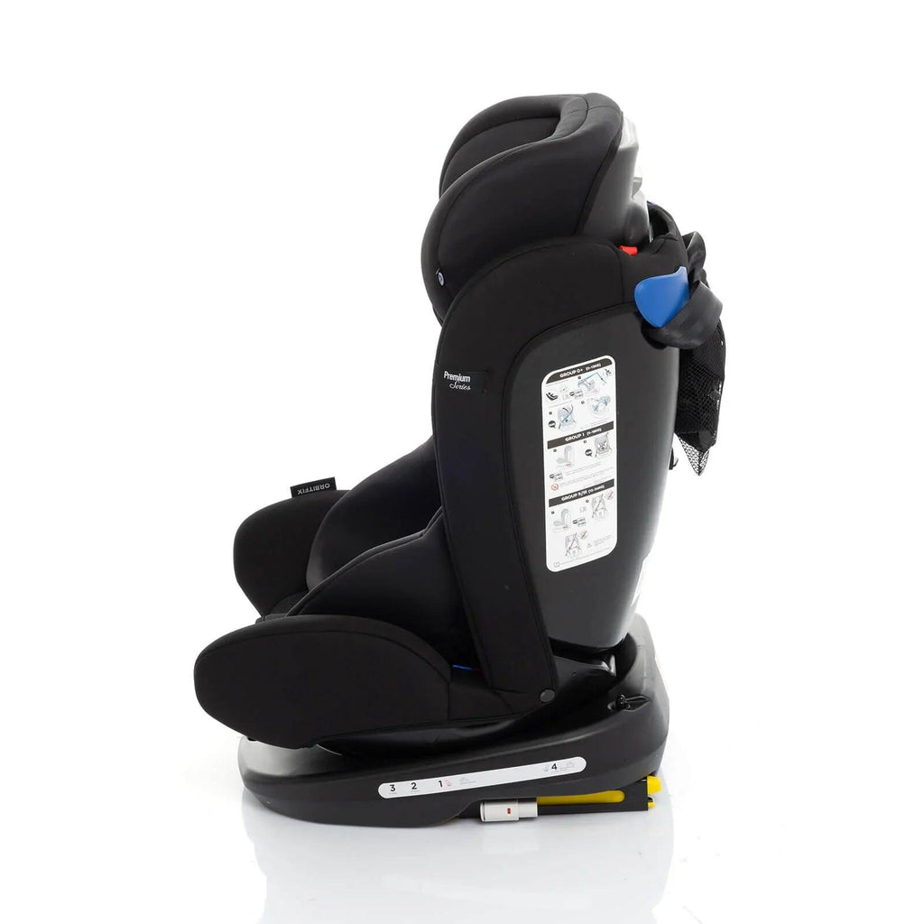 Black car seat side view with blue adjustment pad and rear safety label panel