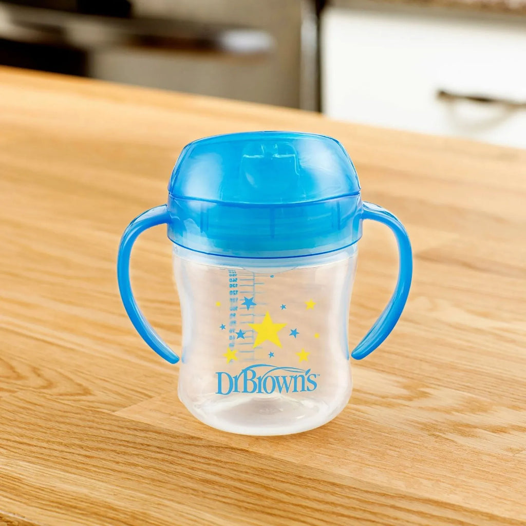 Blue soft spout transition cup with curved handles, star graphics, and Dr. Brown's