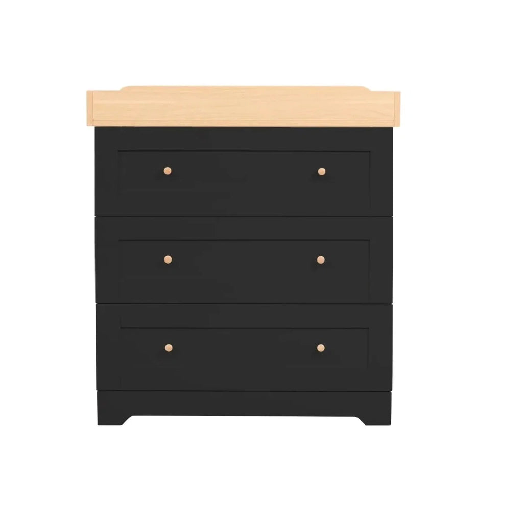 Dark gray 3-drawer dresser with honey oak top and round knob pulls