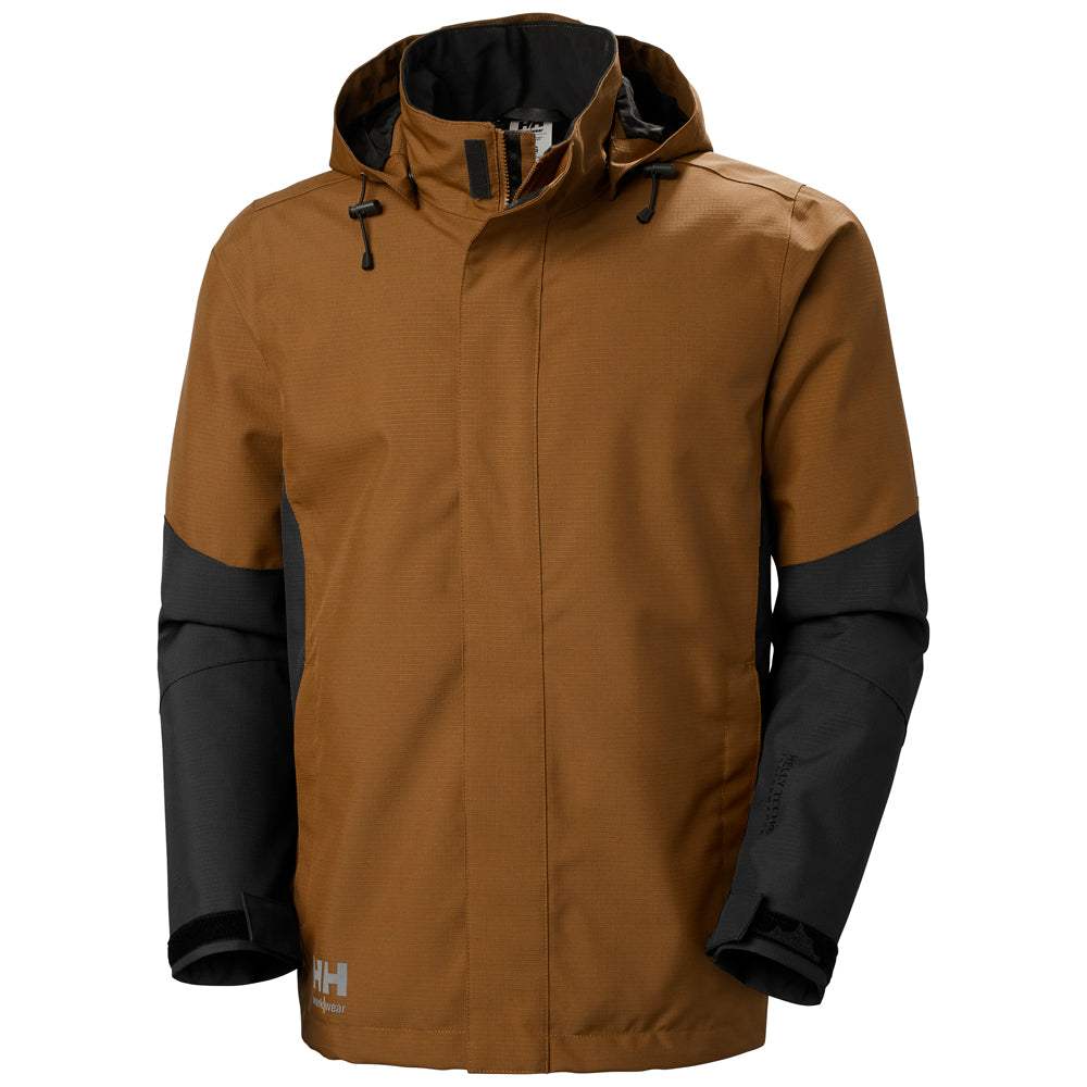 Tan hooded waterproof jacket with black sleeves and front zip