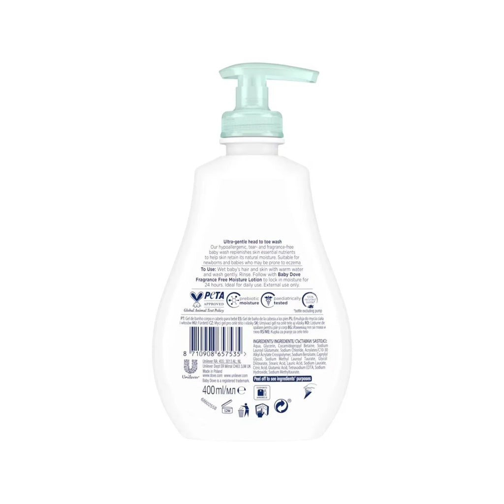 babyDove head-to-toe wash bottle back label, fragrance-free sensitive skin, 400 ml