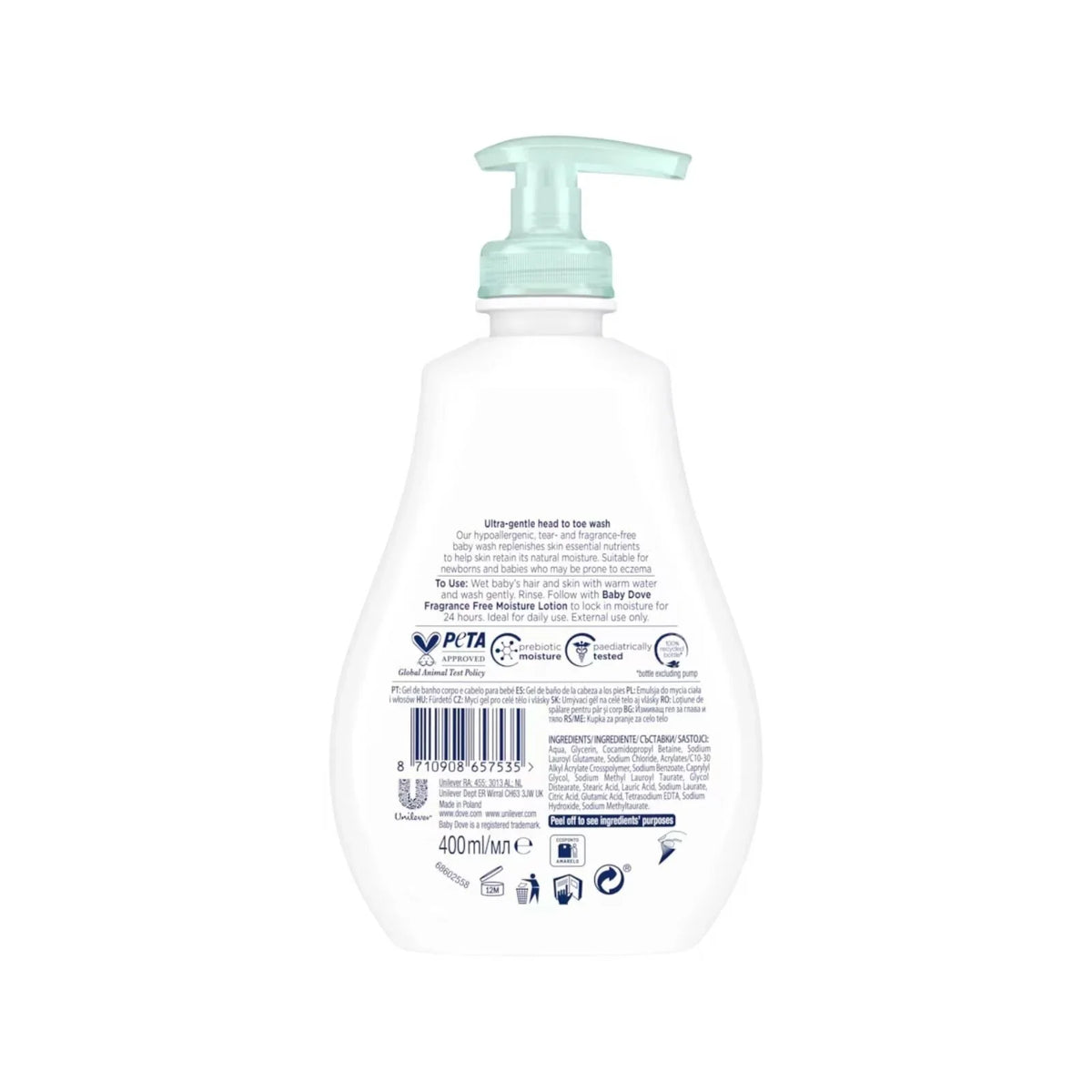 babyDove head-to-toe wash bottle back label, fragrance-free sensitive skin, 400 ml