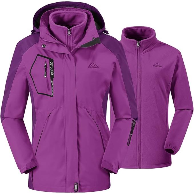 Women's Winter Ski Coat Jacket 3-in-1  Waterproof, Windproof, Warm, Purple Size S