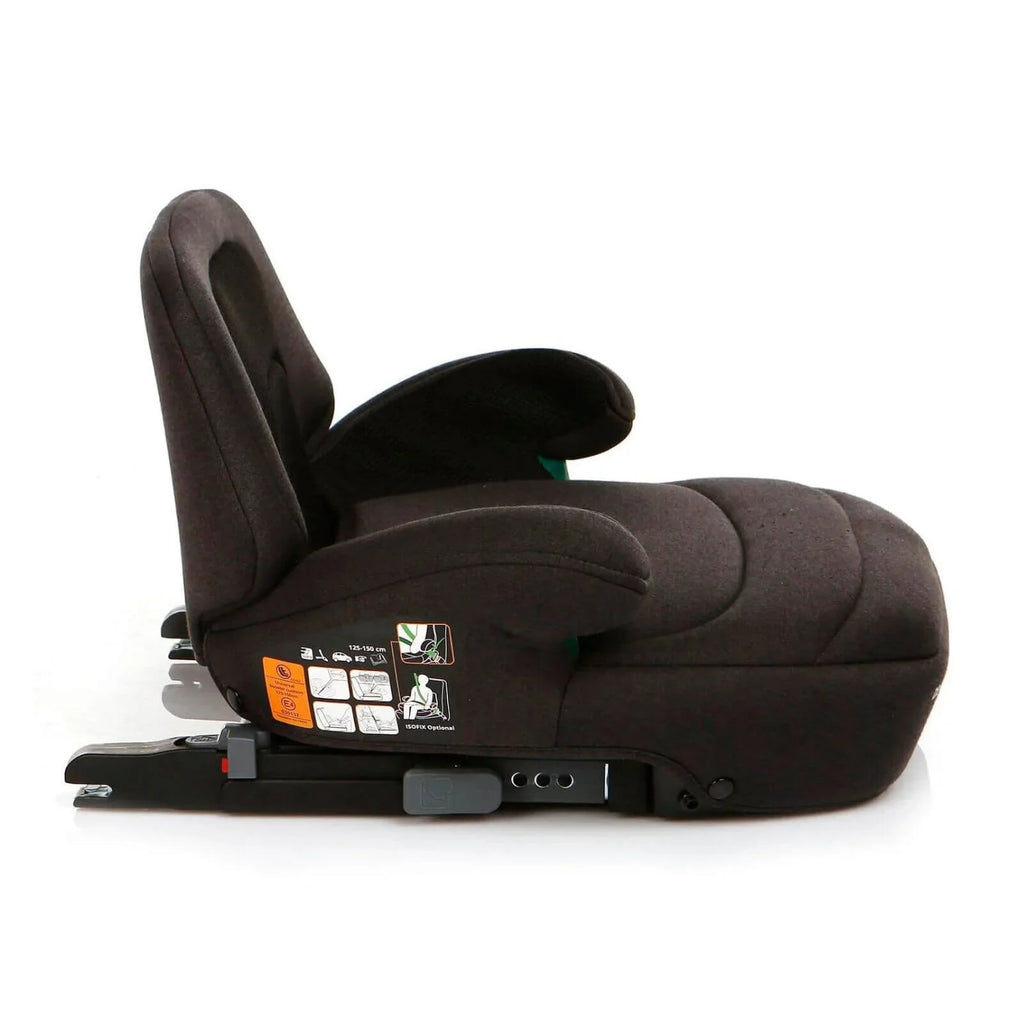 Black booster car seat side view showing support headrest and base