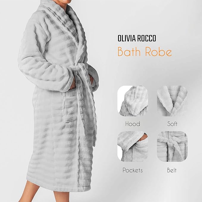 Women's Hydro Ribbed Ultra Soft 100% Cotton Hooded Bath Robes with Pockets and Belt Luxury Terry Towelling Loungewear Sleepwear in White and Grey