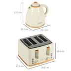 Beige electric kettle and 4-slice toaster with measurement diagram