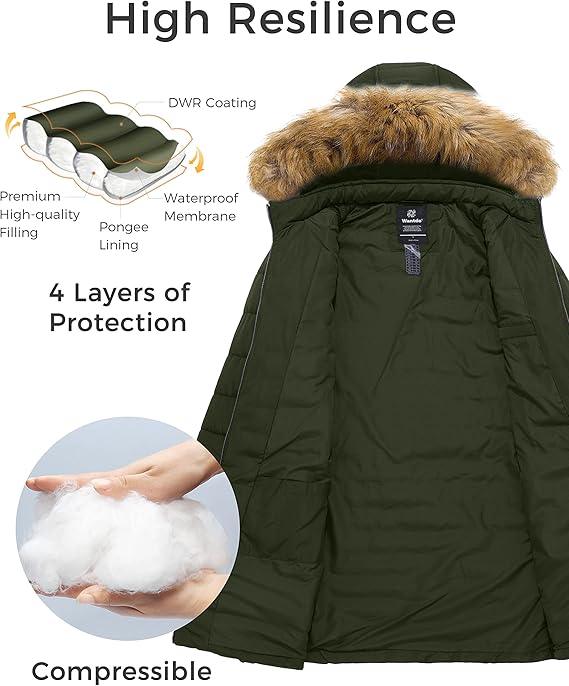Wantdo Women's Long Winter Puffer Coat Waterproof Jackets Army Green - Bobobiy