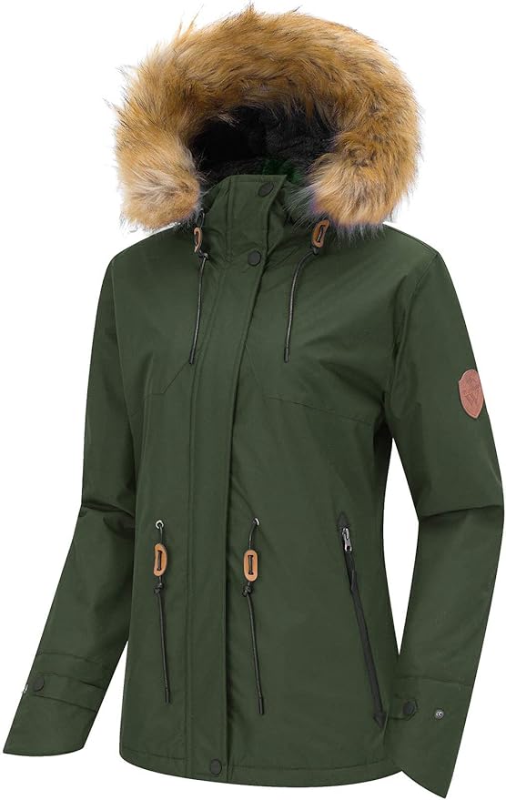 Womens Ski Jacket Waterproof Snowboarding Winter Coat Army Green XL Wantdo
