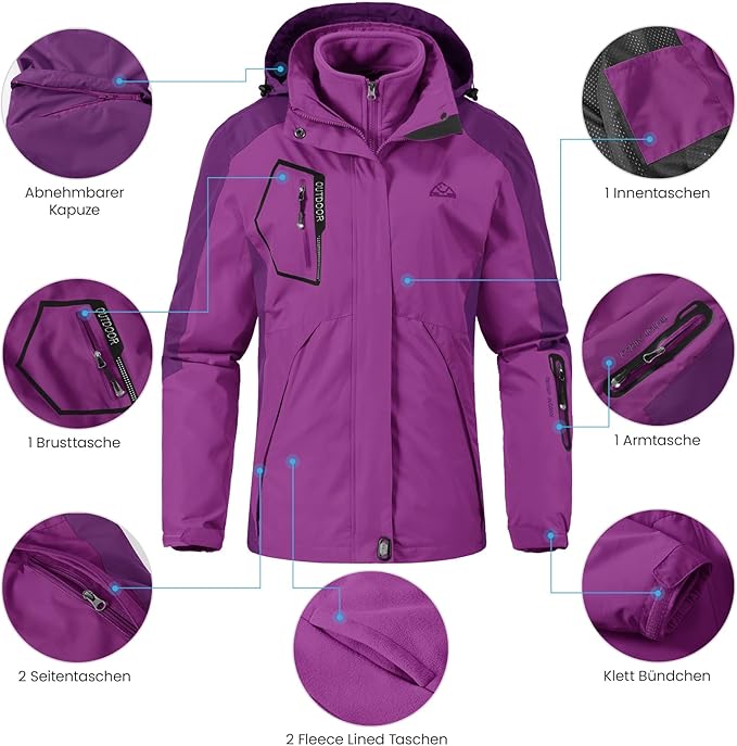Women's Winter Ski Coat Jacket 3-in-1  Waterproof, Windproof, Warm, Purple Size S