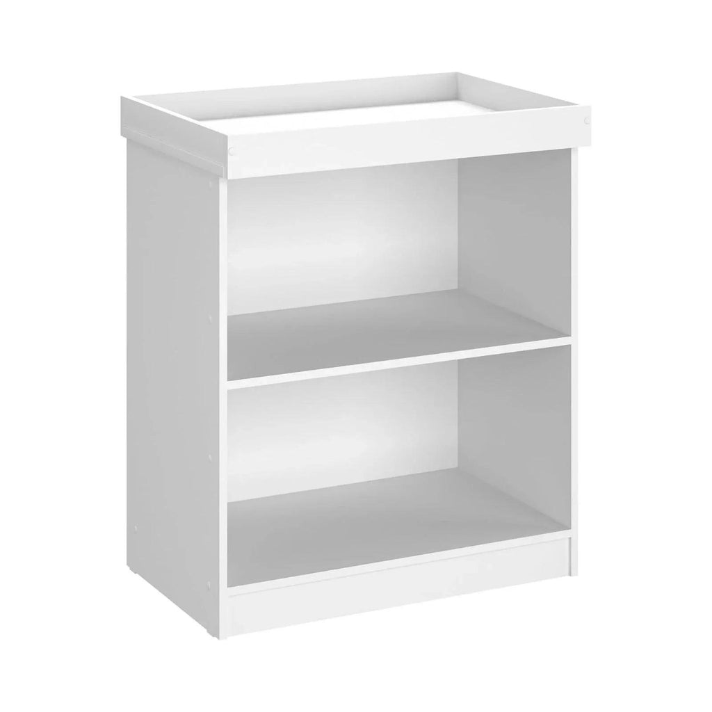 White changing table with open storage compartments and raised changing tray