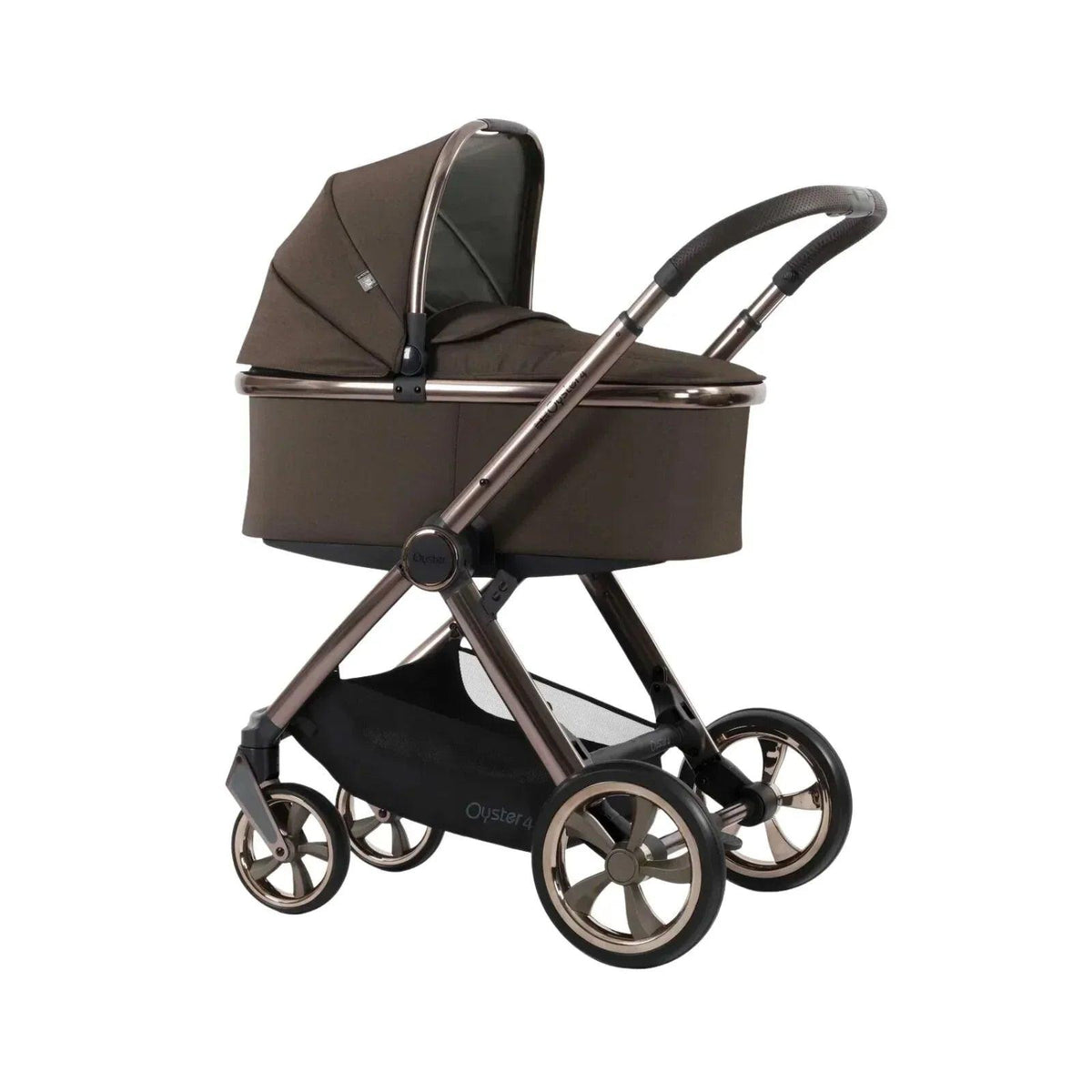 Chocolate velvet carrycot and stroller frame with canopy, wheels visible