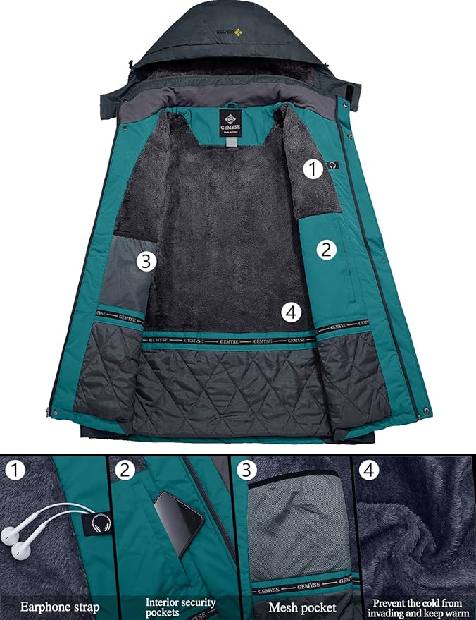 Women's Waterproof Ski Jacket Fleece Coat with Hood, Size XL GEMYSE