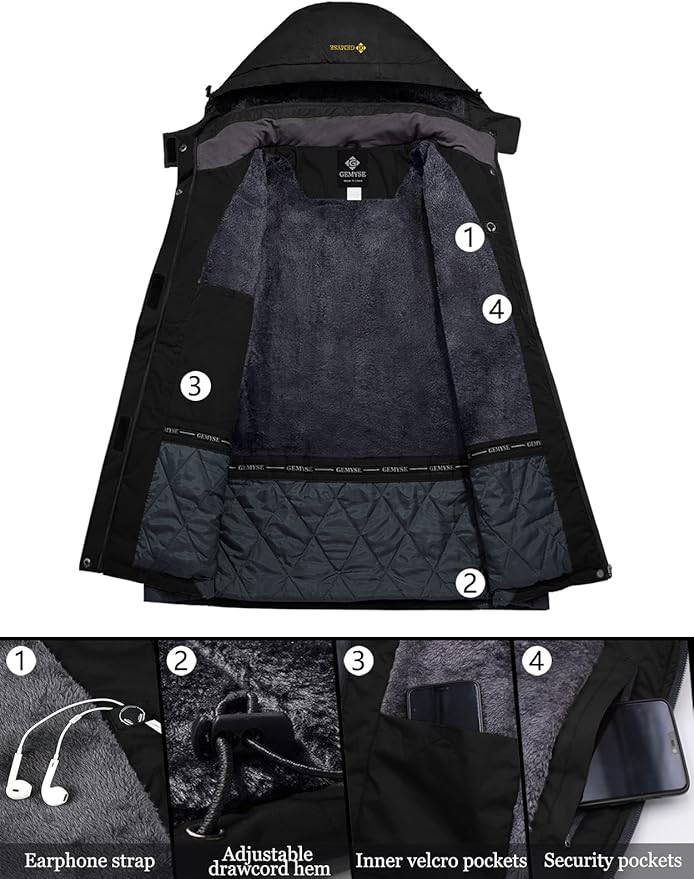 Womens Ski Jacket Waterproof Winter Fleece Coat Black Size XL GEMYSE