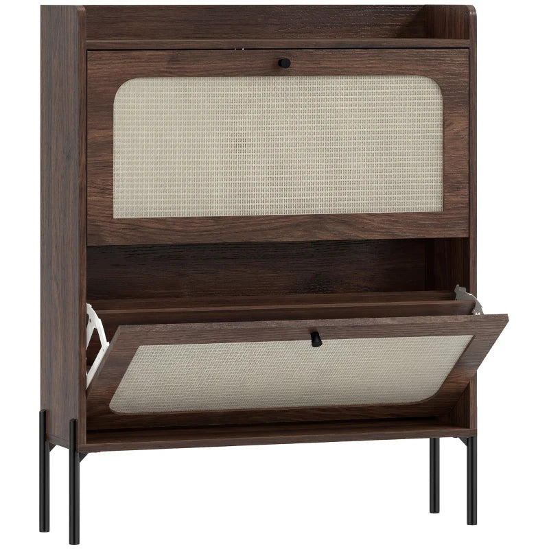 Dark brown shoe cabinet with two flip drawers, woven rattan-style panels, front open