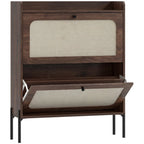 Dark brown shoe cabinet with two flip drawers, woven rattan-style panels, front open